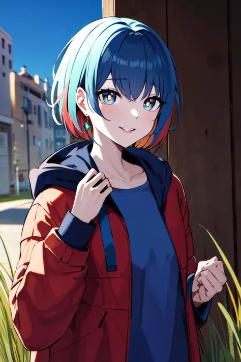 anime girl with blue hair and red jacket standing in front of a building