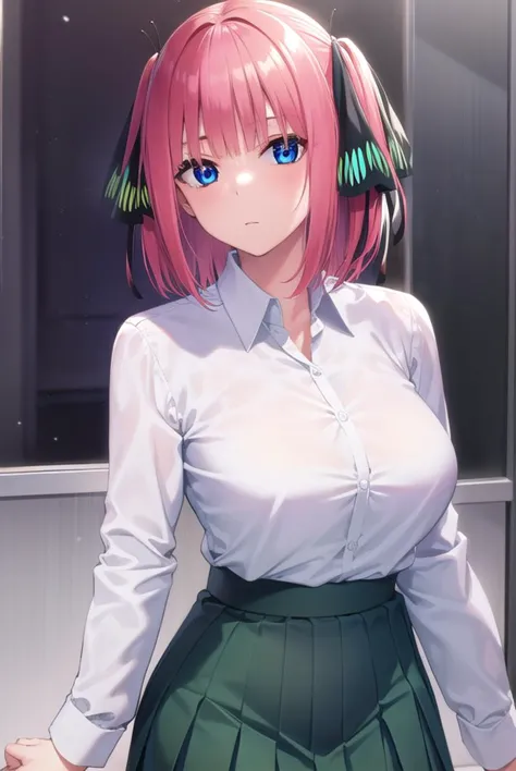 anime girl with pink hair and green skirt posing for a picture