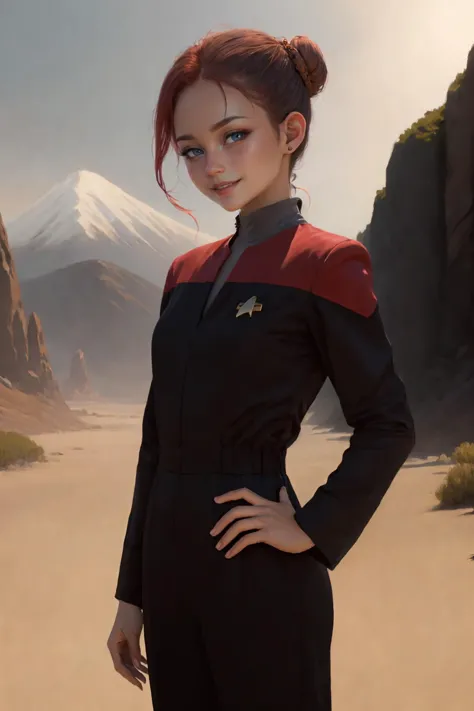 a woman in a black and red uniform standing in front of a mountain