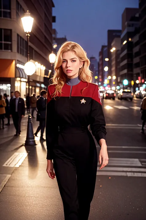 arafed woman in a star trek uniform walking down a street