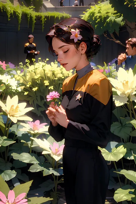 there is a woman standing in a garden with flowers in her hair