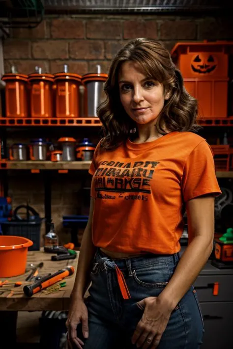 masterpiece, best quality, detailed face, Halloween Orange tshirt in a garage, leaning on a workbench, <lora:Tina_Fey:1> 1girl, ...
