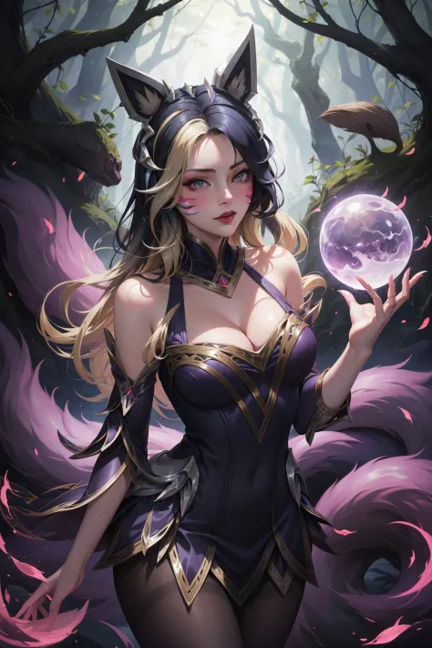 (masterpiece, best quality:1.2), intricate details, <lora:coven_ahriV2:1>, coven ahri, 1girl, dress, detached sleeves, cleavage, multicolored hair, blonde hair, black hair, animal ears, pantyhose, whisker markings, multiple tails, energy ball, upper body, ...