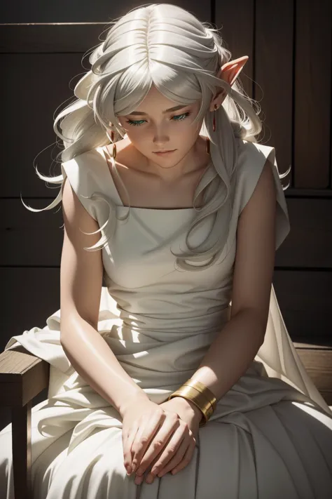 a woman in a white dress sitting on a bench with a white hair