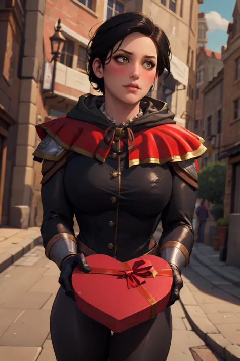 best quality, highly detailed, IncrsVGiftBoth, <lora:IncomingValentineGiftPOVTwoHands:.85> syanna, short hair, red capelet, gloves, black suit, long sleeves, blush, <lora:Degen-Syanna:0.6> incoming gift, closed mouth, looking to side,  <lora:looking-away-v2:0.6> looking away  <lora:Beauclair-03:0.5> beauclair, city