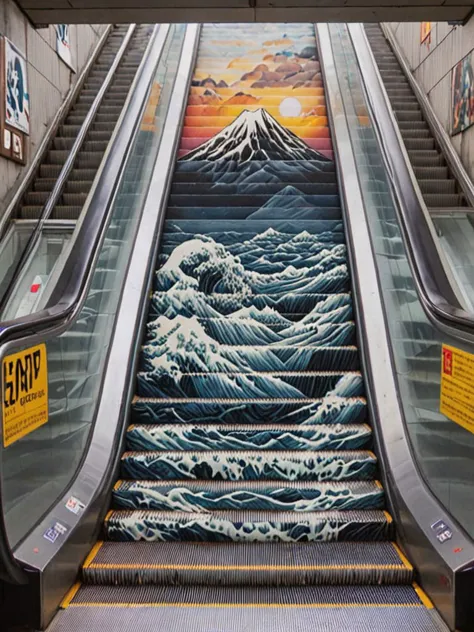 uma escada rolante, ondas mt. Fuji, arte em escada rolante 