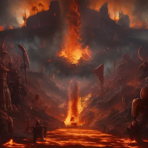 a painting of a volcano with a lot of lava and fire