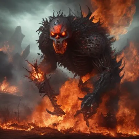 a demonic creature with a large face and a large head is running through a fire