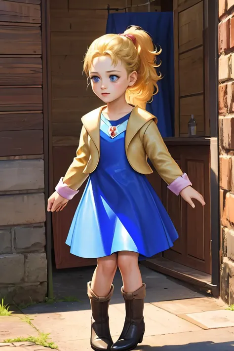 a close up of a young girl in a blue dress and brown jacket