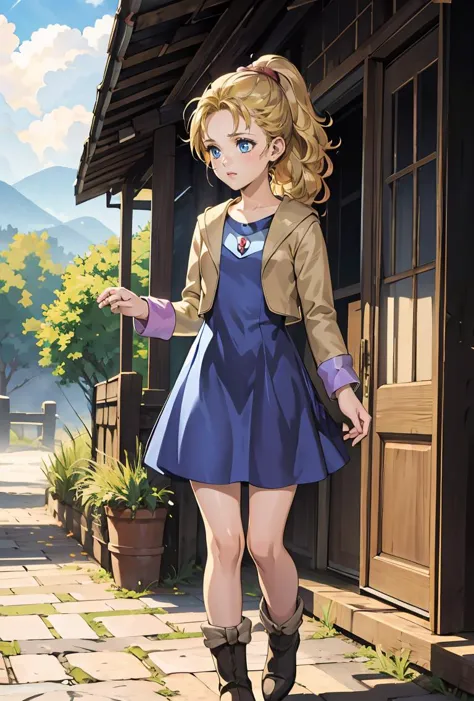 (masterpiece, best quality), 1girl,  <lora:krile ff5V2:0.8> krile ff5, blue eyes,jacket,blue dress,boots