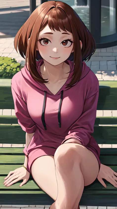 anime girl sitting on a bench with her legs crossed