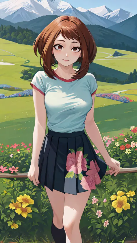 2d, masterpiece, best quality, anime, intricate iris, anime style, extremely detailed face, beautiful face, (detailed eyes, deep eyes),
(standing ),
(looking at viewer, (seductive smile, closed mouth, in heat), face focus, ),
beautiful lips, full lips,
(grassland, mountain,
(medium breasts:1.2,  ) ,
 <lora:uraraka_ochako:1> , (uraraka_ochako,, flower print t-shirt,  sidelocks, knee high pleated skirt,