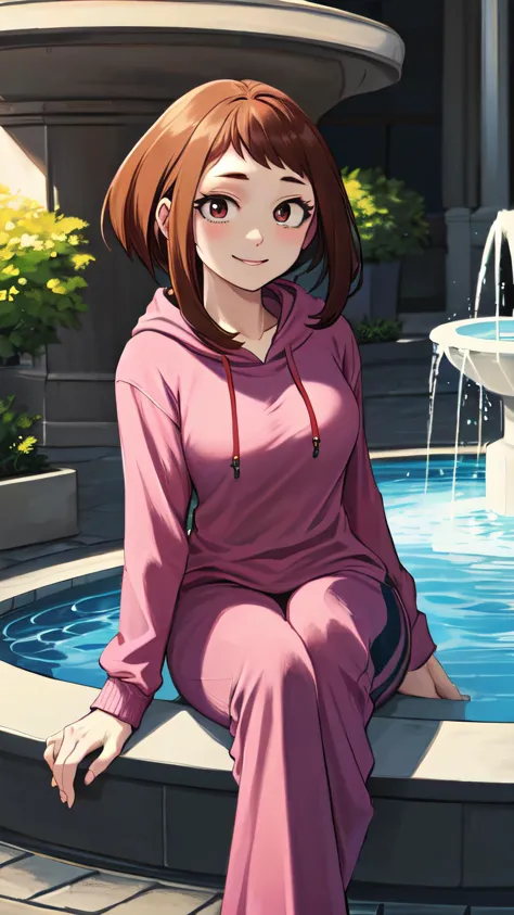 anime girl sitting on a fountain with a fountain in the background