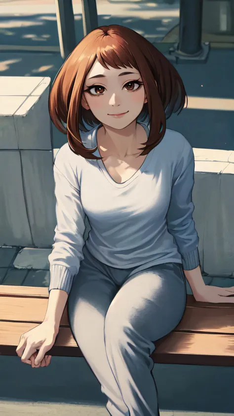 anime girl sitting on a bench in a city park