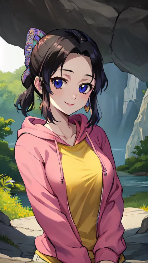 anime girl in pink jacket standing in front of a waterfall