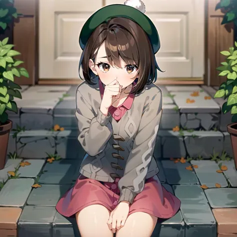 anime girl sitting on steps with hat on her head