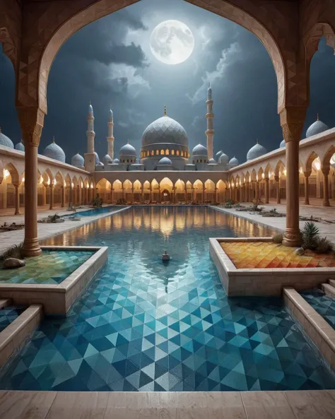 paysage d&#39;un parc aquatique encombré depuis l&#39;intérieur d&#39;une mosquée, temps orageux, heureux, éclairé par la lune, triangles fous