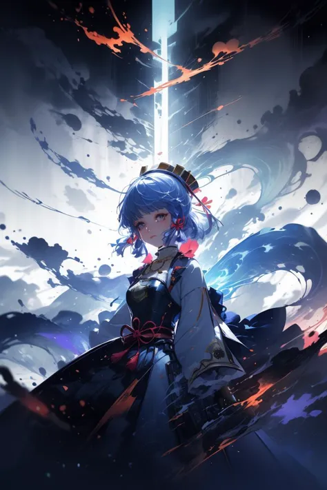 a woman with blue hair and a sword in a dark sky