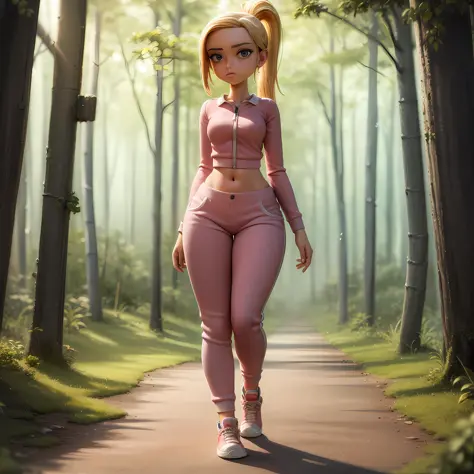 ((masterpiece, best quality)),(complex lighting),solo,1girl, full body,  courtney babcock, blue eyes, ponytail, blonde hair, midriff, pants, sneakers,  <lora:CourtneyBabcock1-10:0.6>,walking, forest,