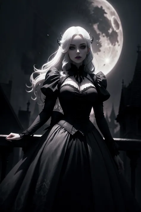a beautiful gothic vampire. standing on a balconly under the moon. eerie. volumetric light, high dynamic range.