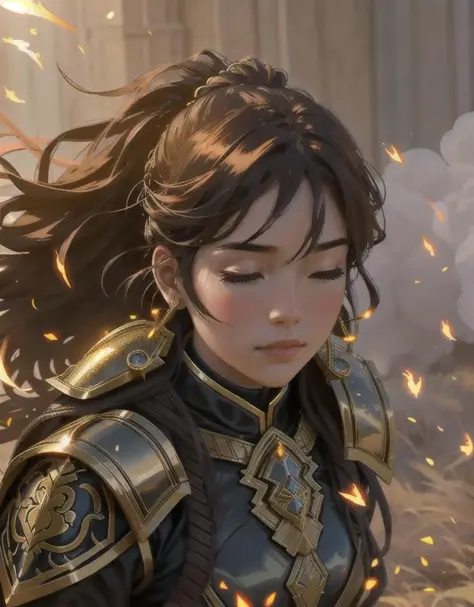 realistic portrait of princess warrior, armor gold, hair black,  couple, dramatic lighting, fire smoke sparkle, 8k, hyperrealist...