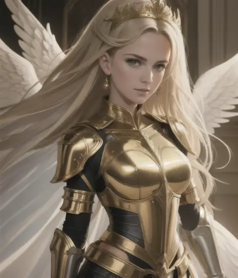 angel warrior in armor gold in ornaments,  realistic, photo,  elegant, Kodak, portra 400, 8k, soft light, volumetric lighting, highly detailed,  style 3/4, portrait photo close-up portrait photography of a beautiful woman, by Alan Lee, Aleksi Briclot,  Daniel Gerhartz, Alex Horley-Orlandelli, Alex Ross