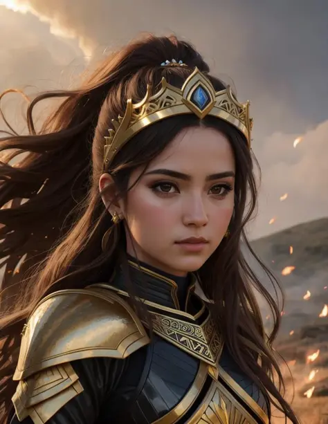 realistic portrait of princess warrior, armor gold, hair black,  couple, dramatic lighting, fire smoke sparkle, 8k, hyperrealistic,
