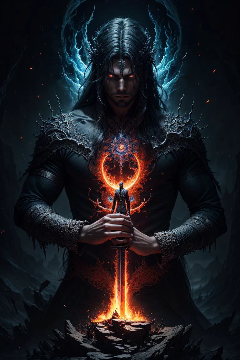 absurdres, highres, ultra detailed,man with long hair, holding fiery sword , solo, detailed face, (official art, beautiful and aesthetic:1.2), (dark art,erosion,fractal art:1.3), colorful