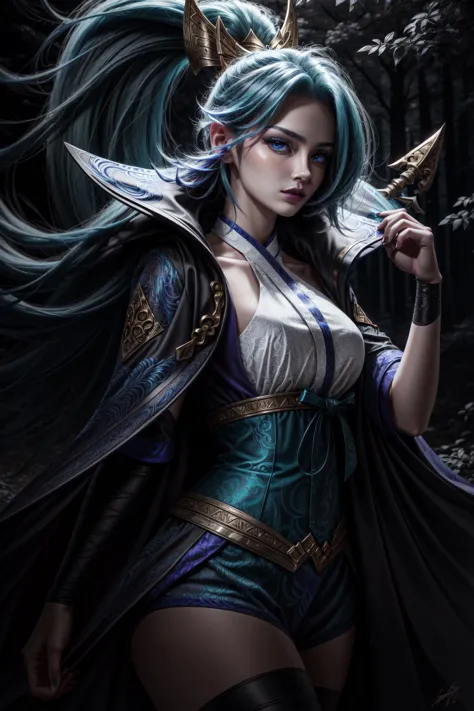 a woman with blue hair and horns holding a sword in a forest