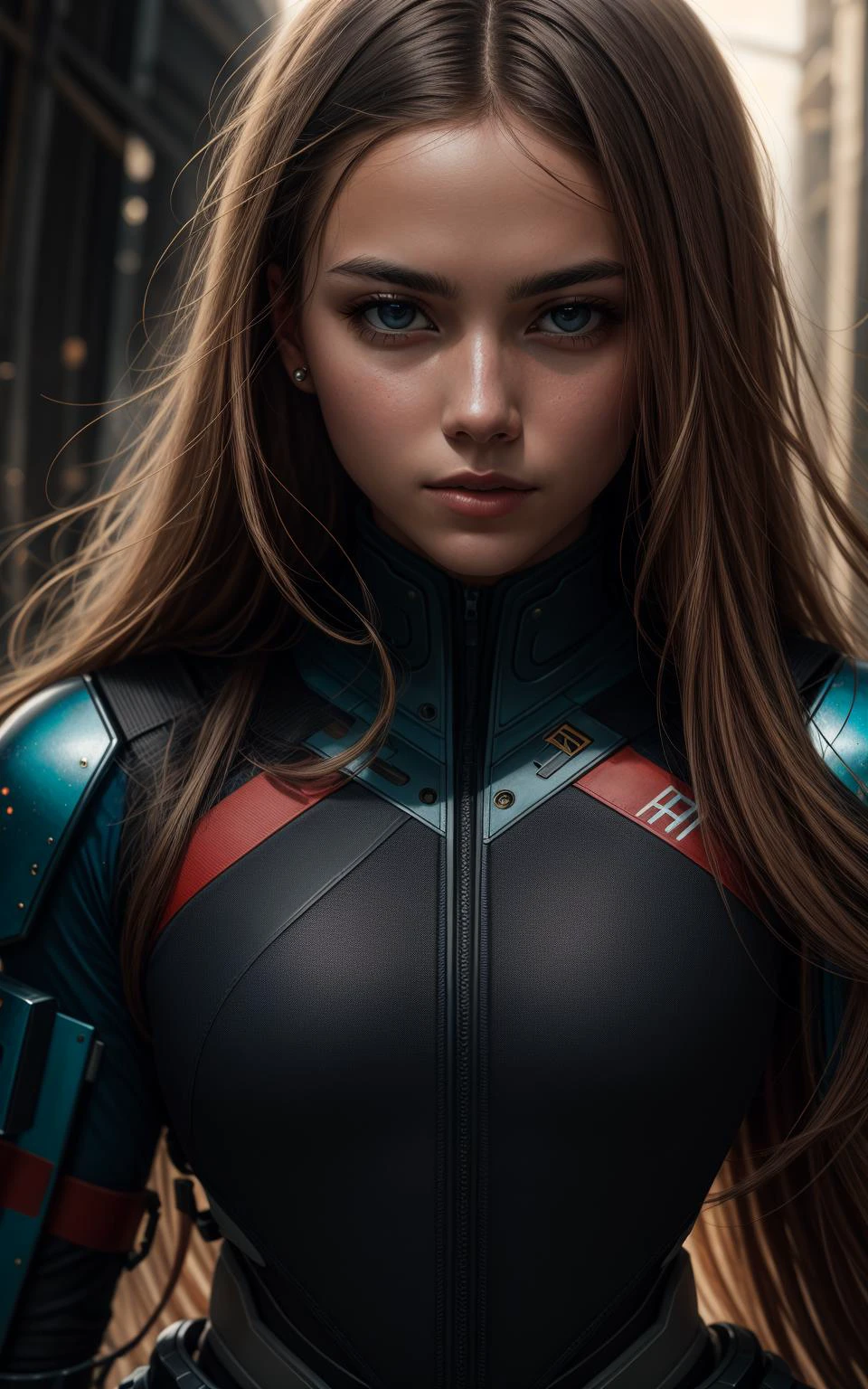 sci-fi, foto de retrato em close de uma mulher com roupas de combate, face, cabelo longo, Corpo fino, 8k hd, alta qualidade, Grão de filme