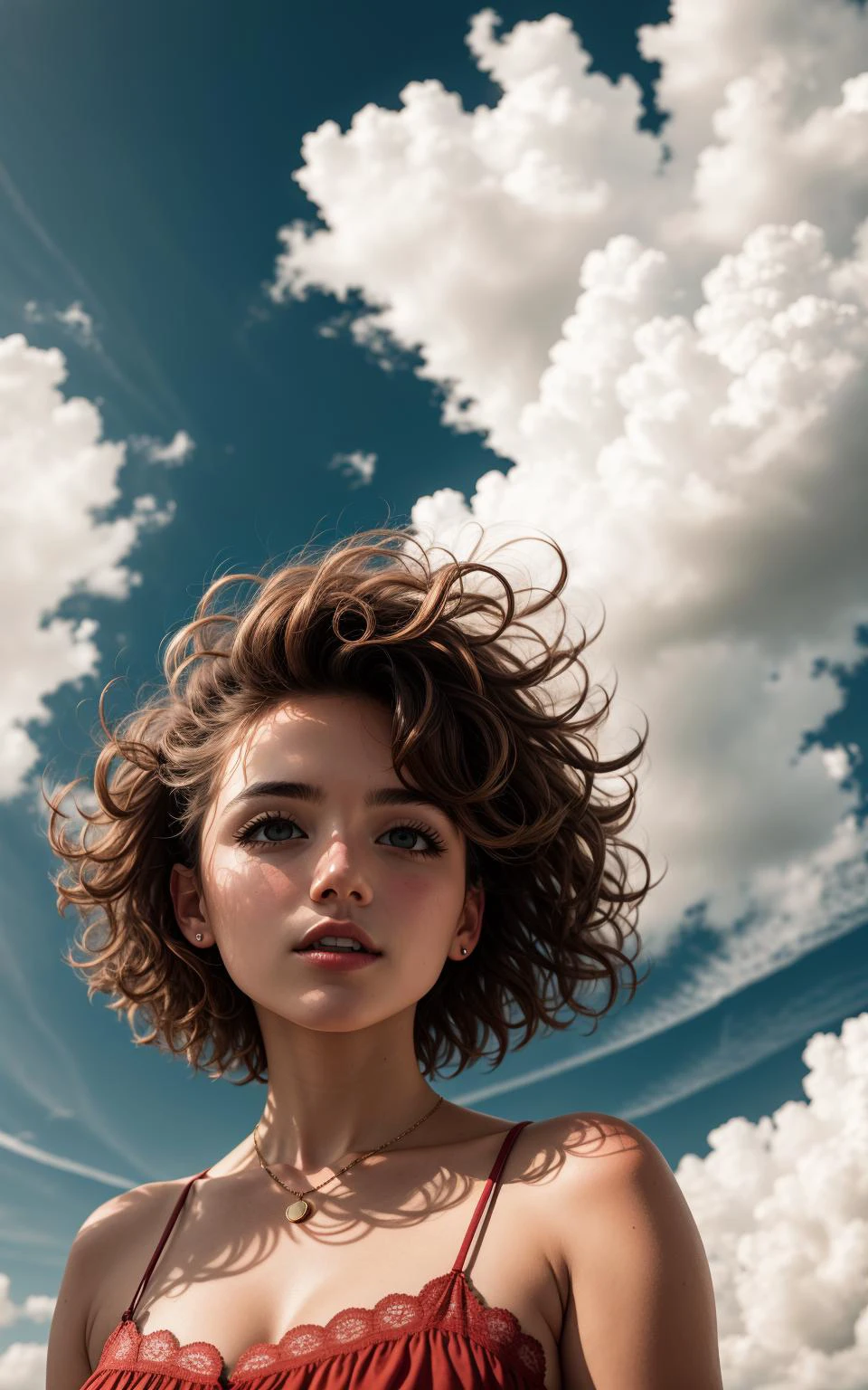 (De baixo:0.6), foto de retrato de mulher com roupas, face, cabelo curto, posando, fundo bonito, nuvens, vento, 8k hd, alta qualidade, Grão de filme
