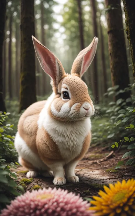 closeup photo of a rabbit, forest, haze, halation, bloom, dramatic atmosphere, centred, rule of thirds, 200mm 1.4f macro shot