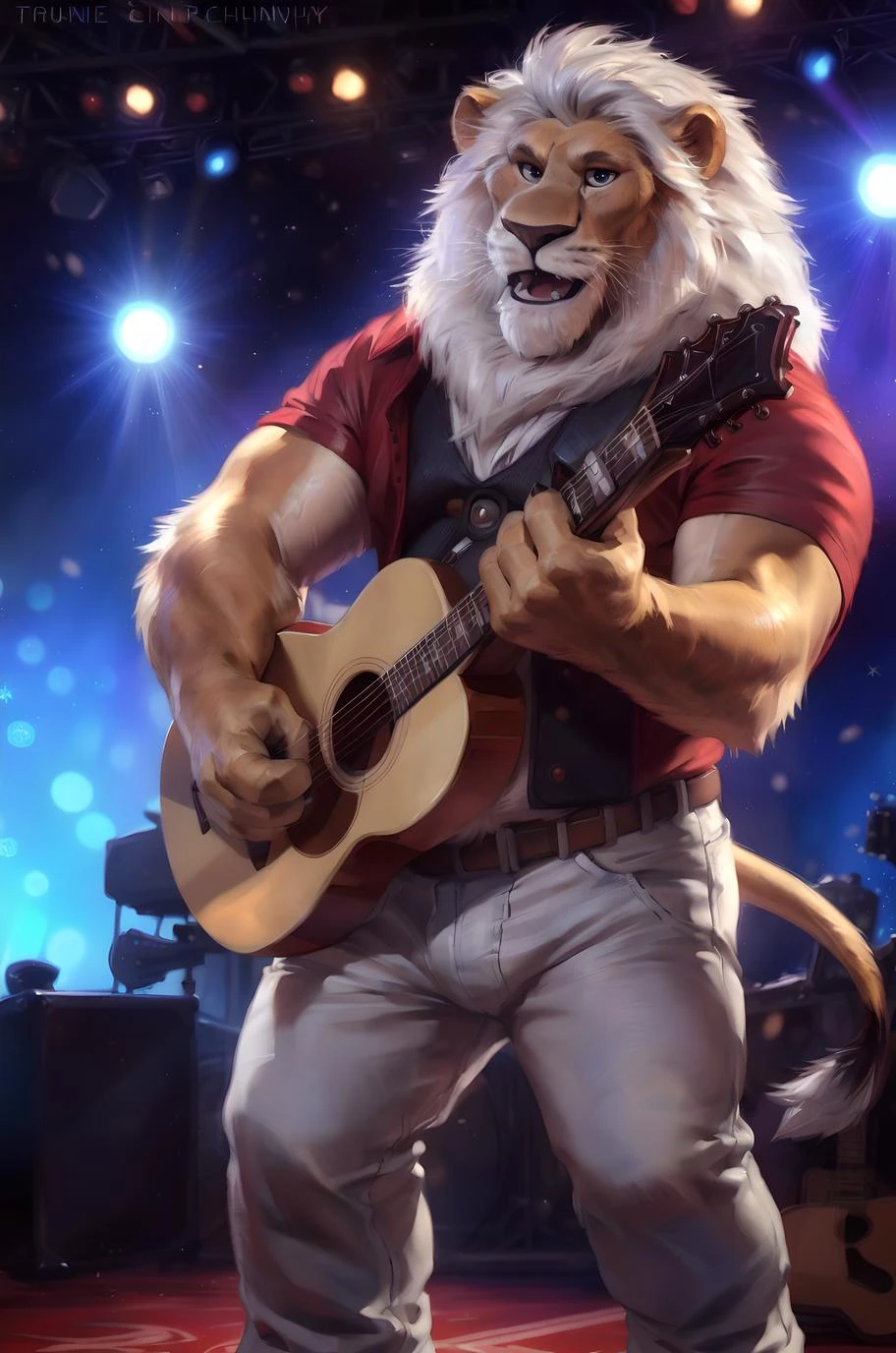 (by taran fiddler), (by darkgem:0.8), (by chunie:1), masterpiece,
detailed fur, portrait, seductive, looking at viewer, singing, mouth open, (anthro claycalloway:1.2), lion, (detailed pixar eyes:1.2), detailed eyes, male,
standing, relaxed, musclegut, white hair, holding guitar,
(detailed stage background), (inside), 