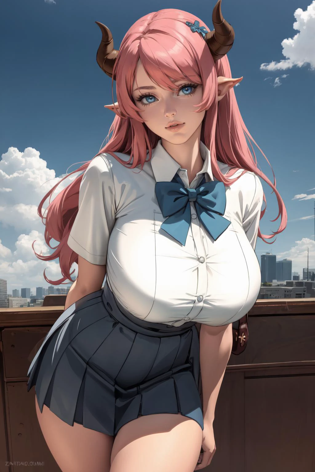 1girl, (solo:1.2), (cowboy shot:1.2), (looking at viewer:1.3)
narmaya, blue eyes, (cute:1.3), demon horns, (huge breasts:1.2), , blue skirt, white shirt, button gap, shirt, (blue bowtie:1.2), curvy, (shortstack:1.2)
BREAK zumi, (realistic shading:1.2), soft shading, minimal lineart, semi-realistic proportions
BREAK intricate details, (masterpiece:1.3), (best quality:1.3), (perfect anatomy:1.4) BREAK, (beautiful white clouds:1.3), puffy clouds, white sky
