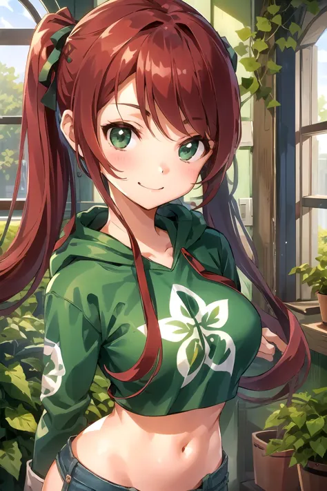 a woman with long red hair and green eyes in a green shirt