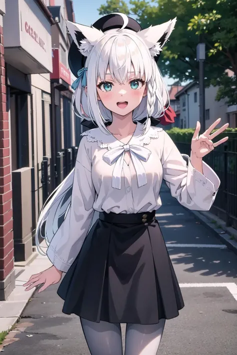 (masterpiece:1.3),(highly detailed:1.3),(highres:1.1),best quality,Ultra-detail,solo,street,fubukicasual,(white shirt, white bow),beret,black skirt,(black pantyhose),white hair,single side braid,ahoge,fox tail,happy,open mouth,waving,<lora:shirakami_fubuki_9_outfits:1>,