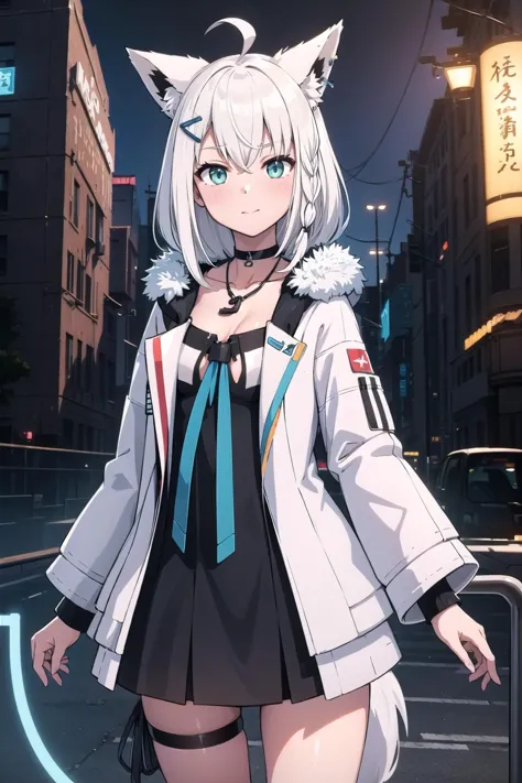 (masterpiece:1.3),(highly detailed:1.3),(highres:1.1),best quality,Ultra-detail,solo,science fiction,futuristic background,fubukitechwear,white jacket,fur-trimmed jacket,hairclip,dog tags,choker,white microdress,black microdress,thigh strap,blue ribbon,white hair,single side braid,ahoge,fox tail,looking at viewer,<lora:shirakami_fubuki_9_outfits:1>,