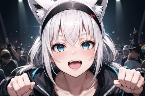 beautiful, (masterpiece), best quality, (extremely detailed face), extremely detailed eyes,  perfect lighting, OverallDetail, detailed, deep skin,textured skin,
,fubukirelax, sidelocks, black t-shirt, black hairband, no pants, black jacket, open jacket, white hair,(fox tail:1.2), in the club,rave lights, dancing, fist pump,crowded, very happy,excited, ,