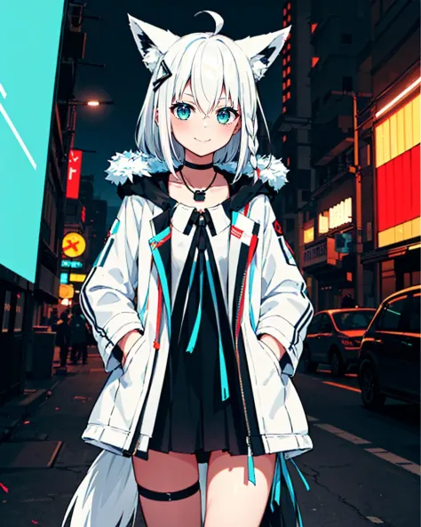 1girl, solo, city, city lights, (cyberpunk), cowboy shot, clenched hands, smile, (holding sword, katana), fubukitechwear, white jacket, fur-trimmed jacket, hairclip, dog tags, choker, ((white microdress)), black microdress, thigh strap, blue ribbon, white hair, single side braid, ahoge, fox tail