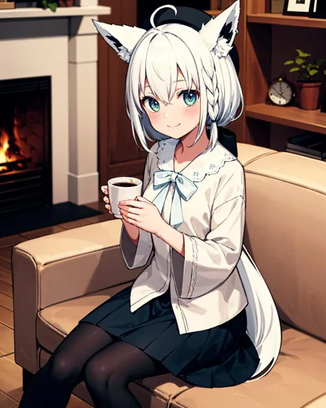 1girl, solo, indoors, living room, couch, table, fireplace, (comfy, cozy), sitting, (holding cup with both hands), fubukicasual, (white shirt, white bow), beret, black skirt, (black pantyhose), white hair, single side braid, ahoge, fox tail, smile