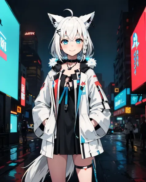 1girl, solo, city, (city lights, cyberpunk:1.4), cowboy shot, smile, hands in pockets, fubukitechwear, black microdress, white jacket, fur-trimmed jacket, hairclip, dog tags, choker, thigh strap, blue ribbon, white hair, single side braid, ahoge, fox tail