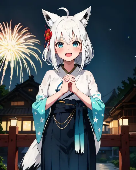 1girl, solo, japanese town, japanese architecture, night, fireworks, cowboy shot, :D, (own hands together), fubukinewyears, white kimono, blue bow, blue hakama, japanese clothes, hair flower, white hair, single side braid, ahoge, fox tail