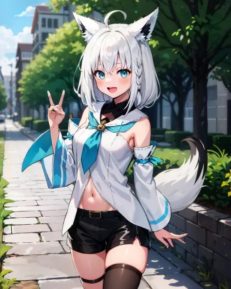 1girl, solo, park, tree, cobblestone path, cowboy shot, (fox shadow puppet), fubukidefault, white blouse, detached sleeves, black short shorts, blue neckerchief, thigh strap, single thighhigh, fox tail, single side braid, ahoge, white hair, :D