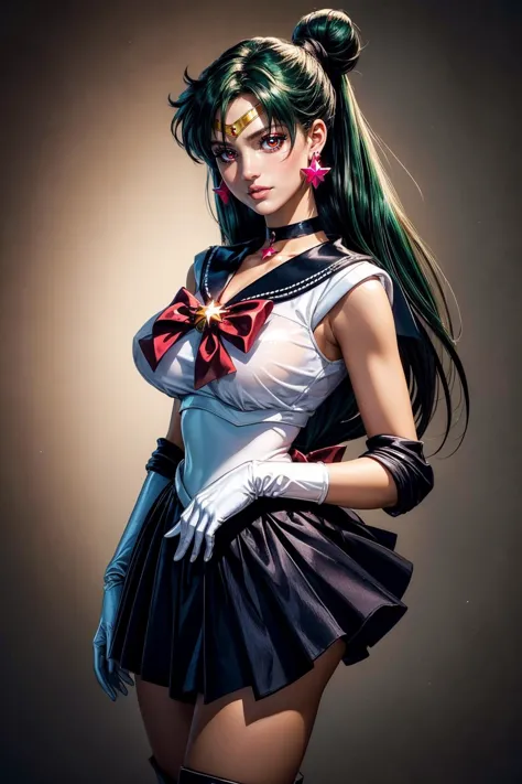 (ultra realistic,32k, masterpiece:1.2),(high detailed skin:1.1),( high quality:1.1),
<lora:EPsmPluto:0.8>1girl, solo, perfect sexy female body,bishoujo senshi sailor moon,EPsmPluto, black choker, black ribbon, black sailor collar, black skirt, boots, bow, brooch, choker, circlet, earrings, elbow gloves, gloves, green hair, grey bow, hair bun, jewelry, knee boots, long hair, pleated skirt, puffy sleeves, red bow, red eyes, ribbon, sailor collar, sailor senshi uniform, see-through, see-through sleeves, skirt, star (symbol), star brooch, star choker, star earrings, white footwear, white gloves, blank background blurry background,, (looking at viewer, portrait:1.1),,(huge breast,large breast:1.1),<lora:add_detail:0.85>,
(backlight:1.1),