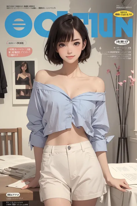 8k high quality detailed,highres,comic,anime,detailed image,
(an illustration of a teenage girl posing,magazine_sheet, (an illustration of girl,teenage girl)),(magazine_illustration),[[multiple view manuscript]],(fashion magazine),
(1girl,asian_female,black hair, very short hair, asymmetrical bangs, brown eyes, shortstack, wide hips, small breasts),(Sarcastic Smile),detailed_face,(looking_to_the_side),
(,BFShirt,oversized_shirt,unbuttoned,long,strapless,[off shoulder]),realistic_skin_texture,realistic clothing texture,<lora::0.65>