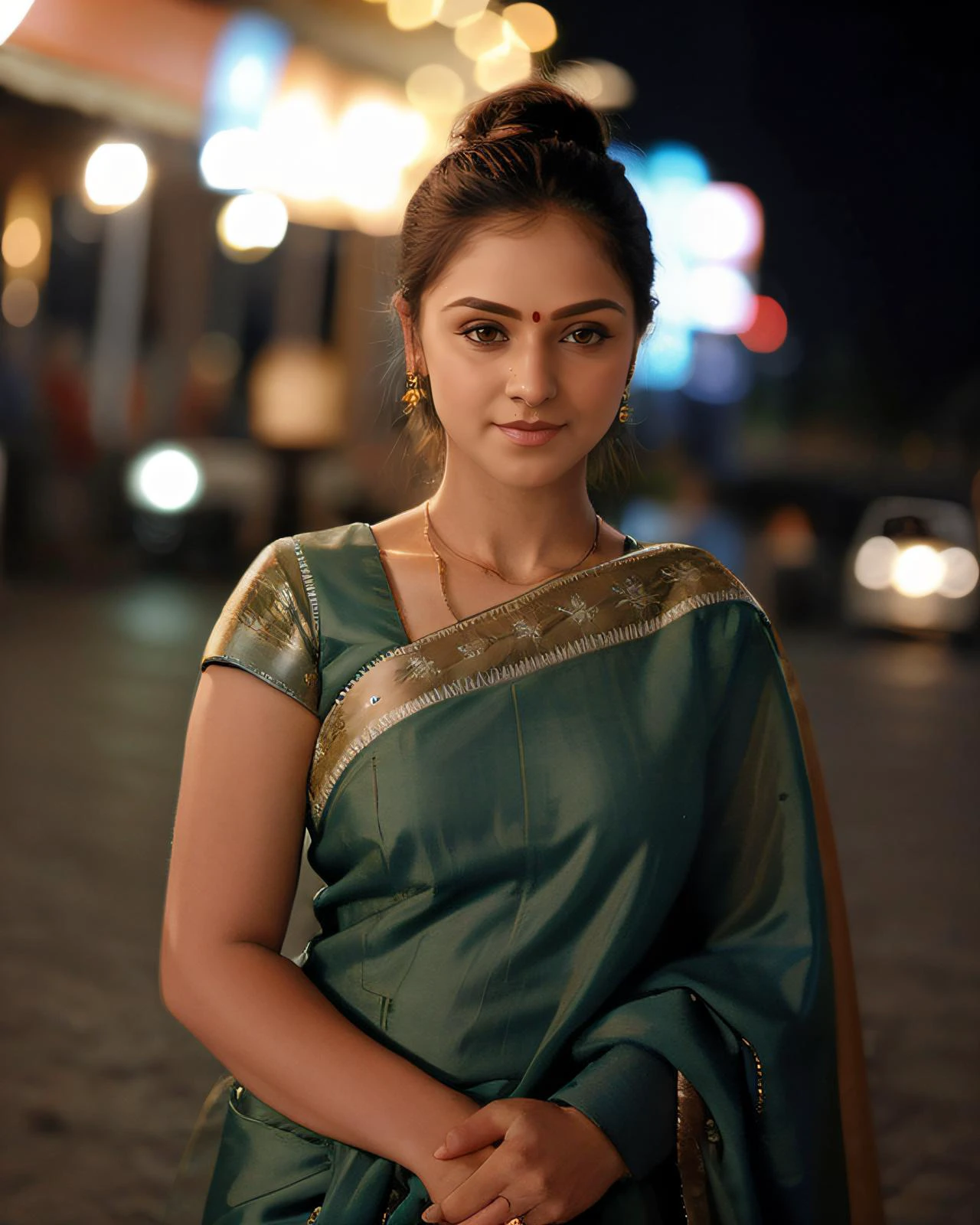 a photo of a 30-year-old woman, smrn, professional portrait photo,high neck Dhoti Saree, high ponytail,  solo, night time, city bokeh lights   