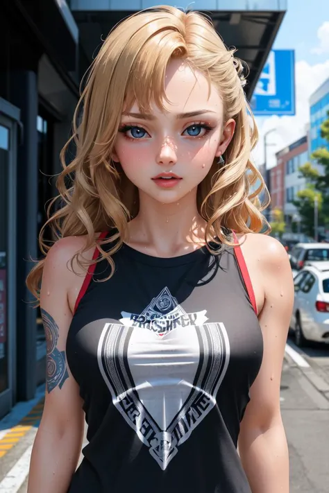 (masterpiece, best quality:1.2), (absurdres, highres, ultra-detailed), (perfect anatomy), 1girl, medium breasts, tan, dewy skin, sweaty skin, wavy blonde hair, punk tshirt, punk girl