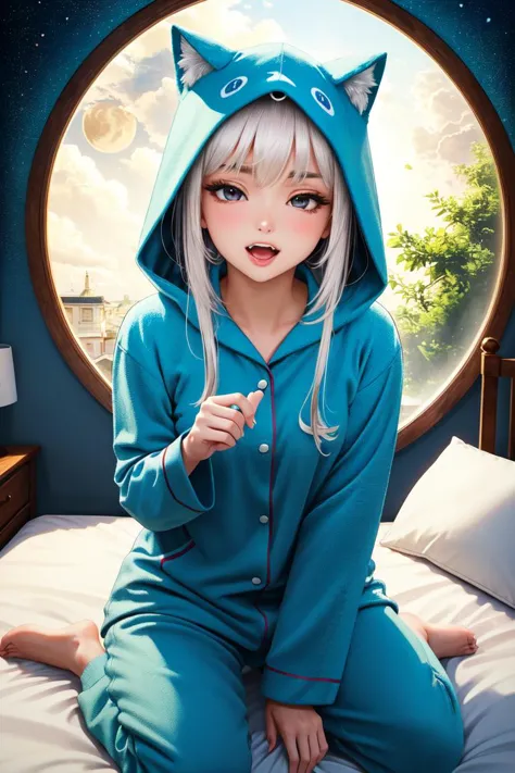 anime girl in blue cat suit sitting on bed with a round window