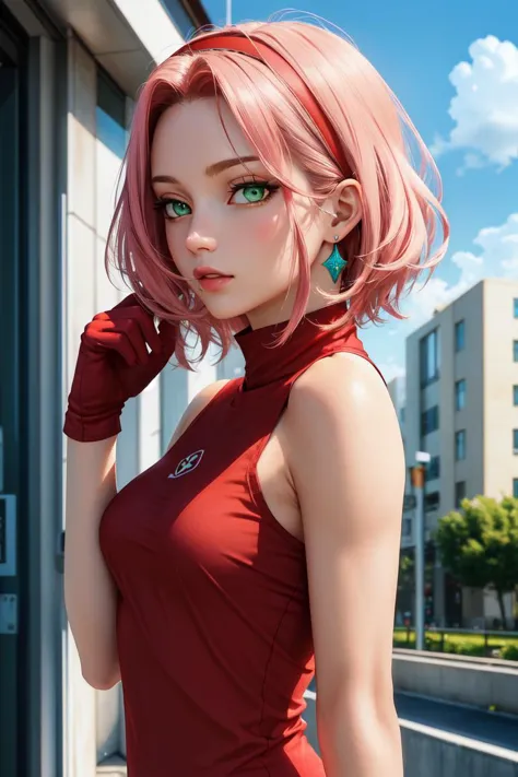 (masterpiece, best quality:1.2), (absurdres, highres, ultra-detailed), (perfect anatomy), sakuraharuno, sakura haruno, (green eyes:1.5), hairband, short hair, pink hair, (small breast:1.2), straight hair, BREAK bare shoulders, black gloves, forehead protector, gloves, konohagakure symbol, ninja, (red shirt:1.5), shirt, sleeveless, sleeveless shirt, BREAK looking at viewer, BREAK outdoors, city