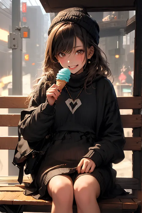 (masterpiece, best quality:1.15), niji, cute girl smiling, sitting on bench, eating ice cream,   Lora: Nijicool
